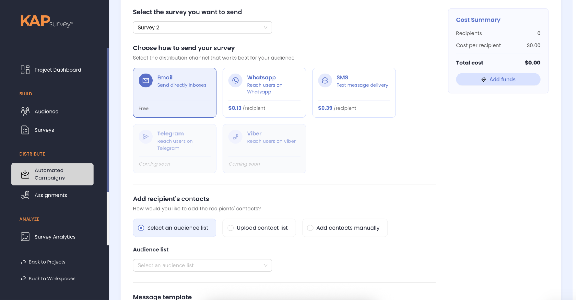 KAPsurvey Distribute Survey composer with channel cards and live cost summary