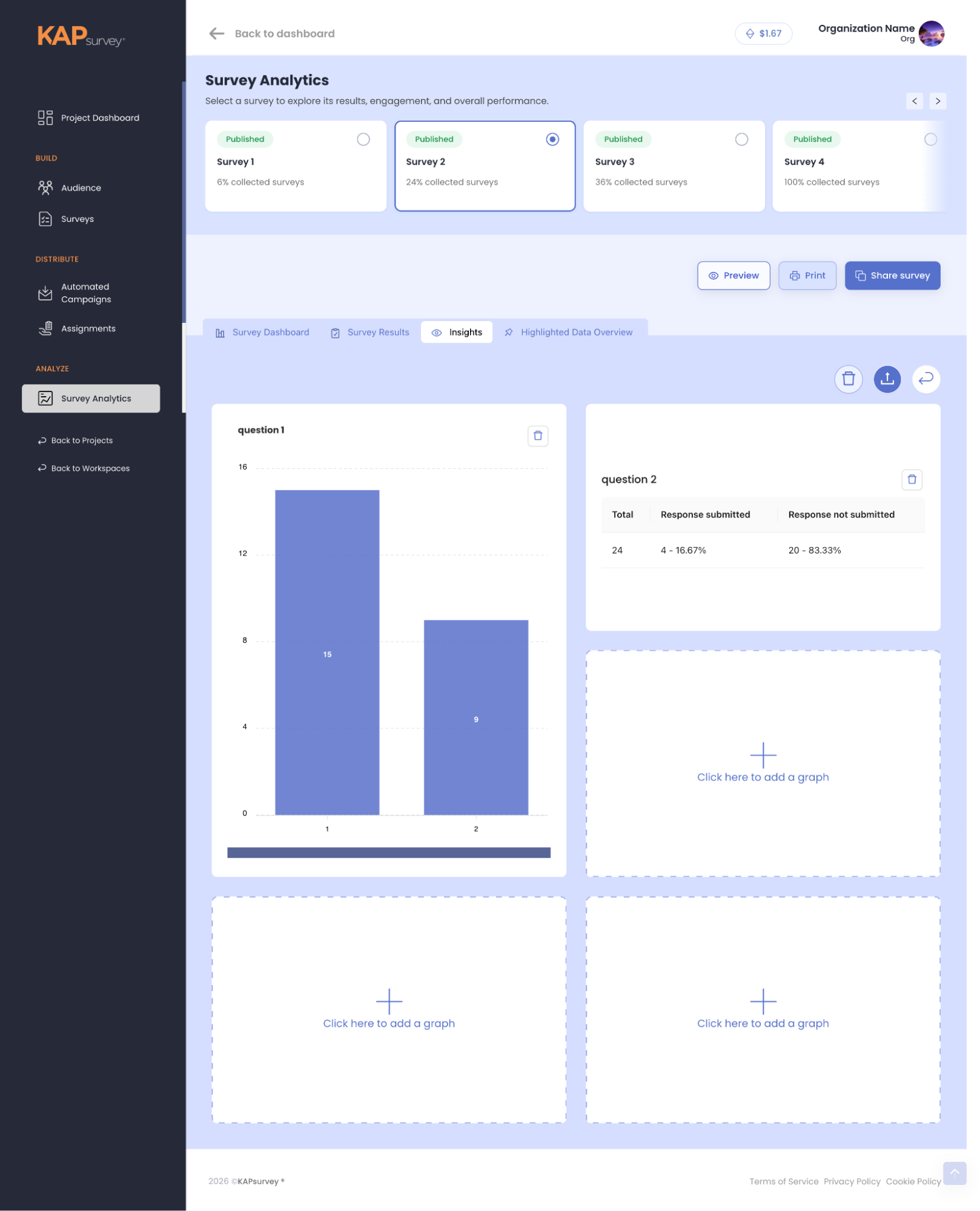KAPsurvey Insights 360 dashboard builder with charts and add-a-graph slots