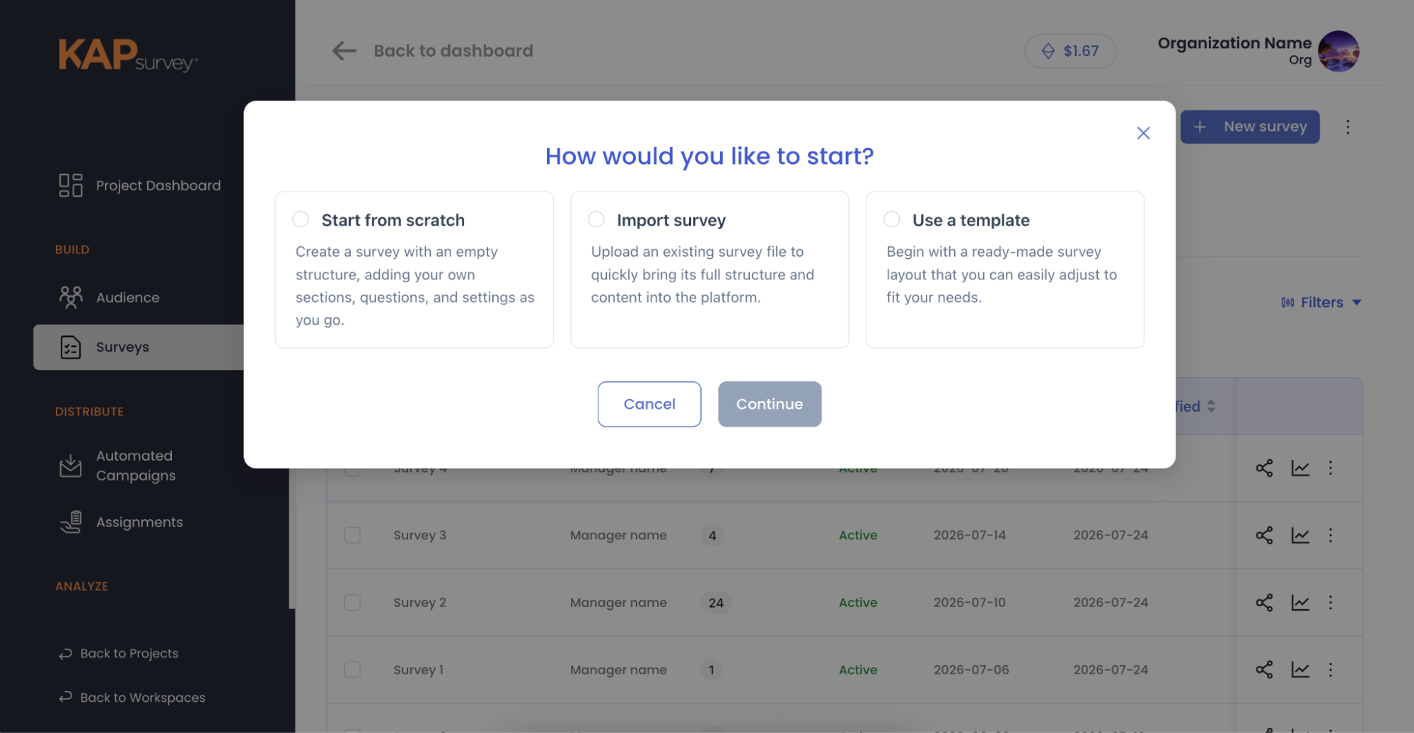 KAPsurvey new survey: start from scratch, import an existing survey, or use a template